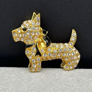 Monet Scottie Dog Puppy Brooch, gold tone, enamel and rhinestones 1.3 inches